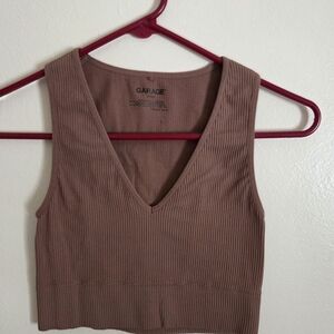 Garage Taupe Ribbed V-Neck Crop Top